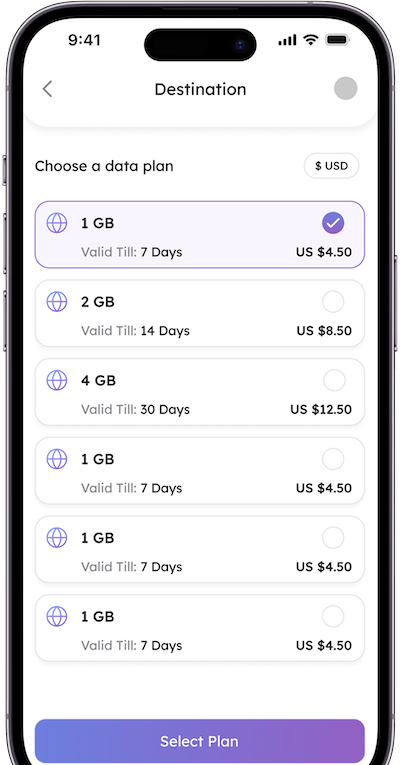 Mobile app showing destination selection and package options